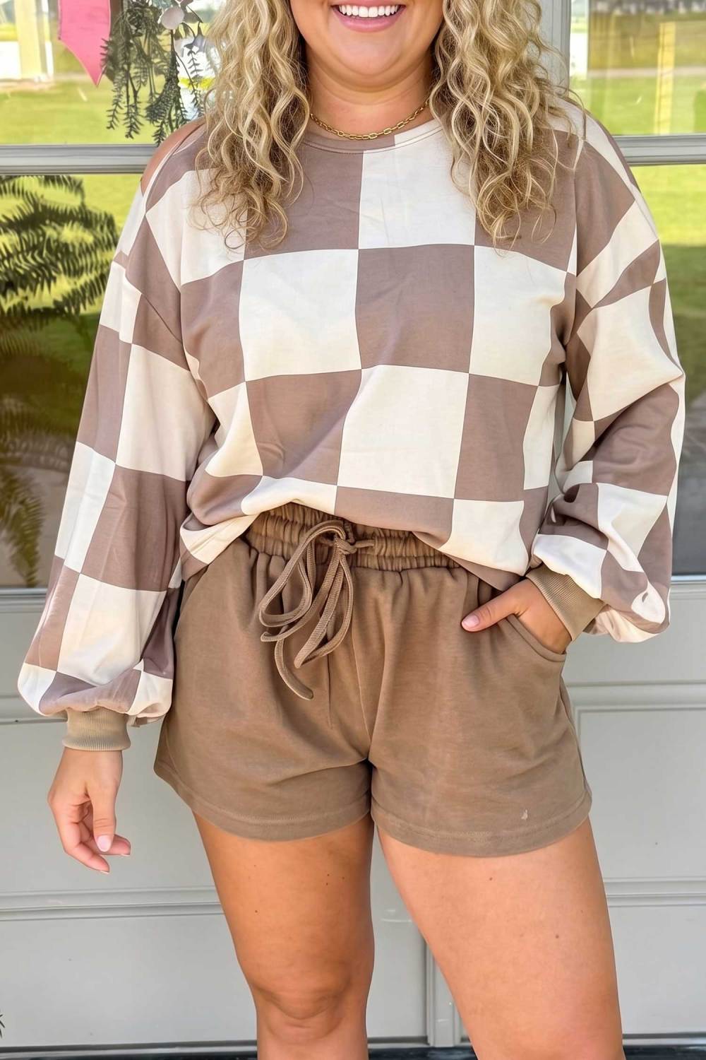 PREORDER Khaki Plaid Patchwork Colorblock Shift Round Neck Two-Piece Plus Size Set (Late August ETA)