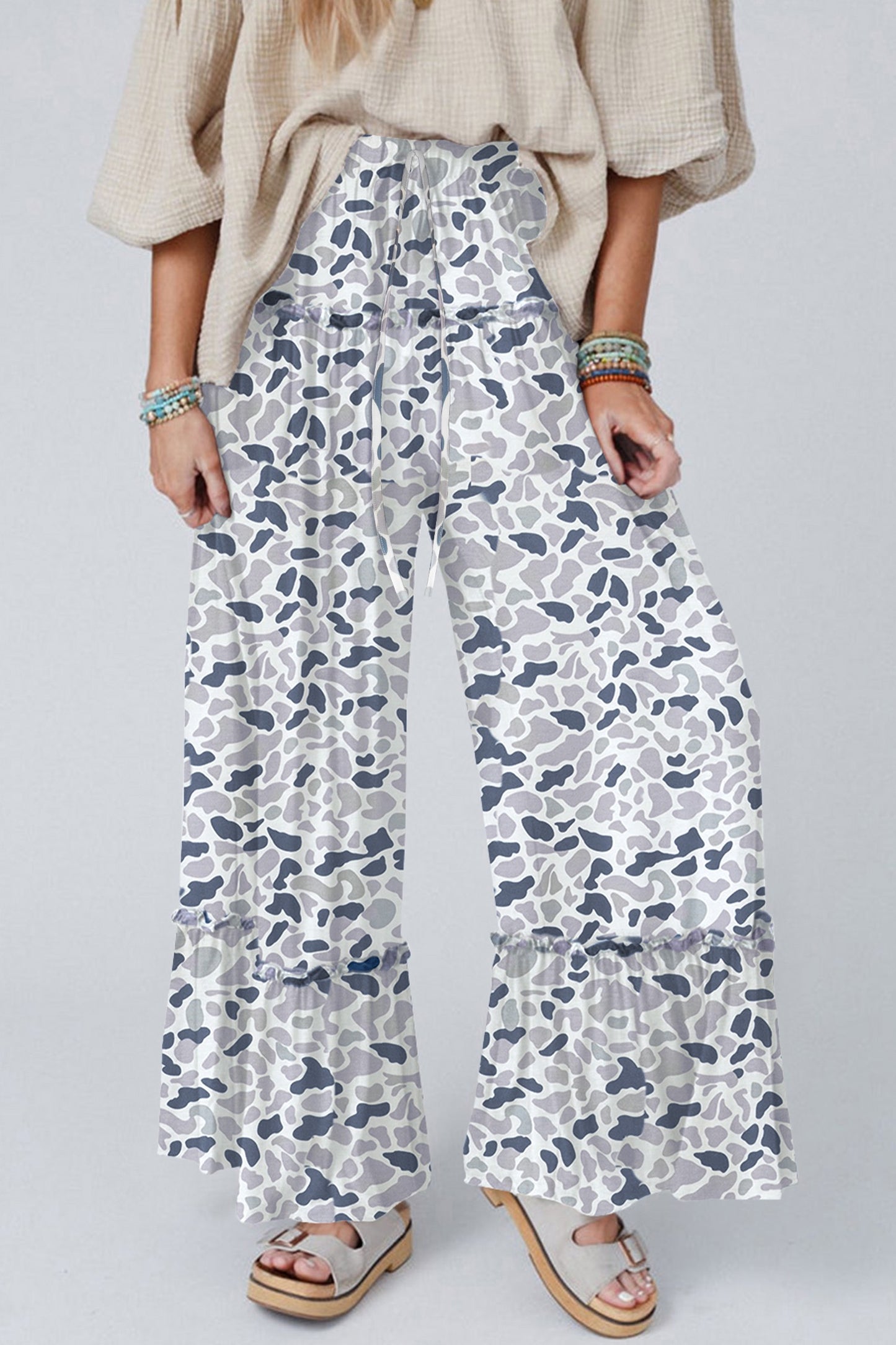 Beige Camo Print Wide leg Casual pant