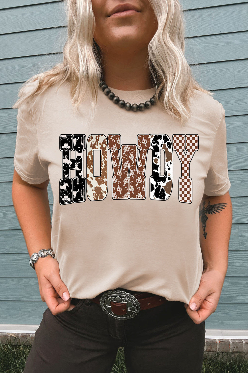 Khaki Western HOWDY Slogan Casual Graphic T-Shirt