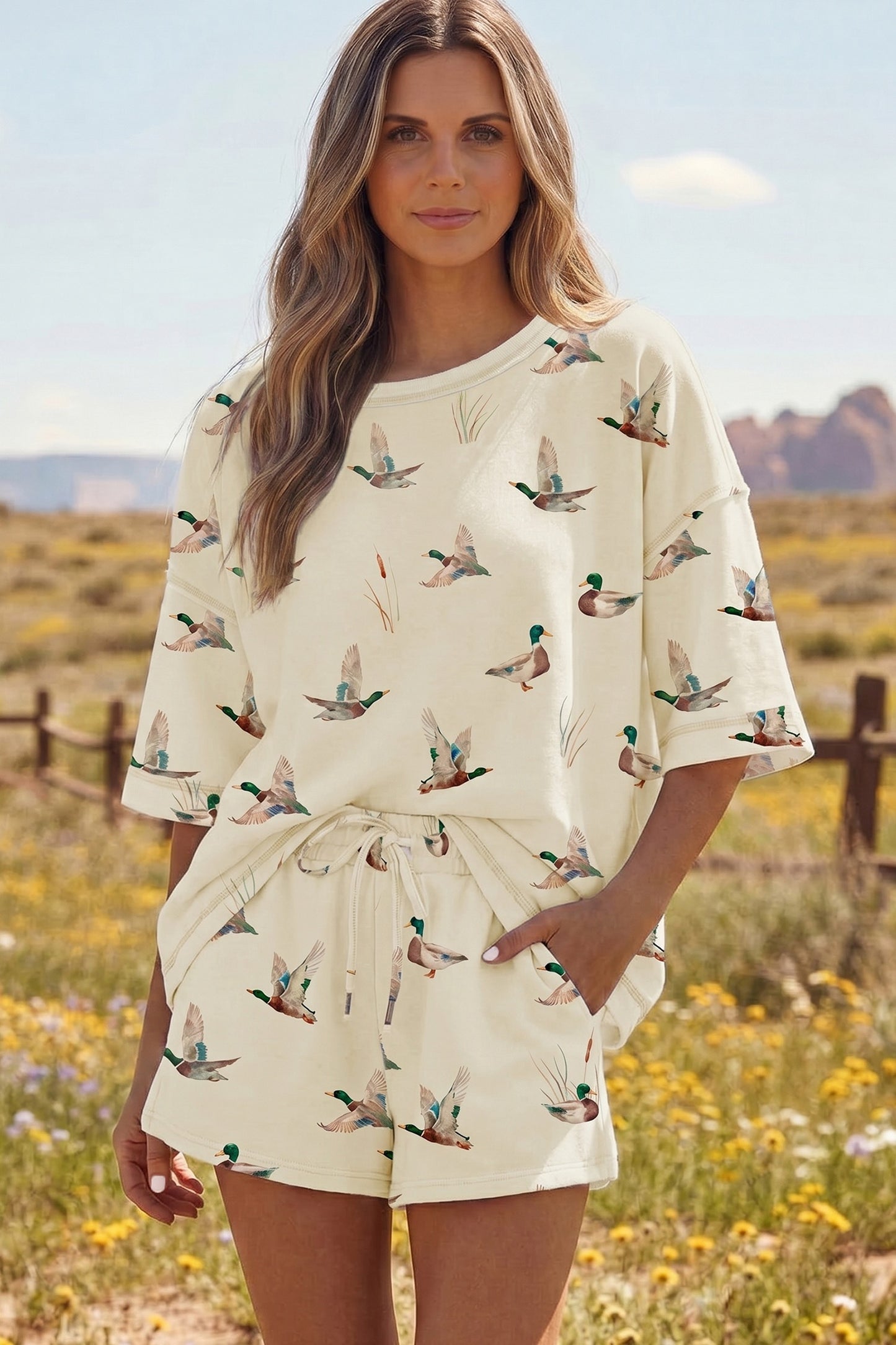 Beige Mallard Duck Print Oversized Tee Drawstring Short Set
