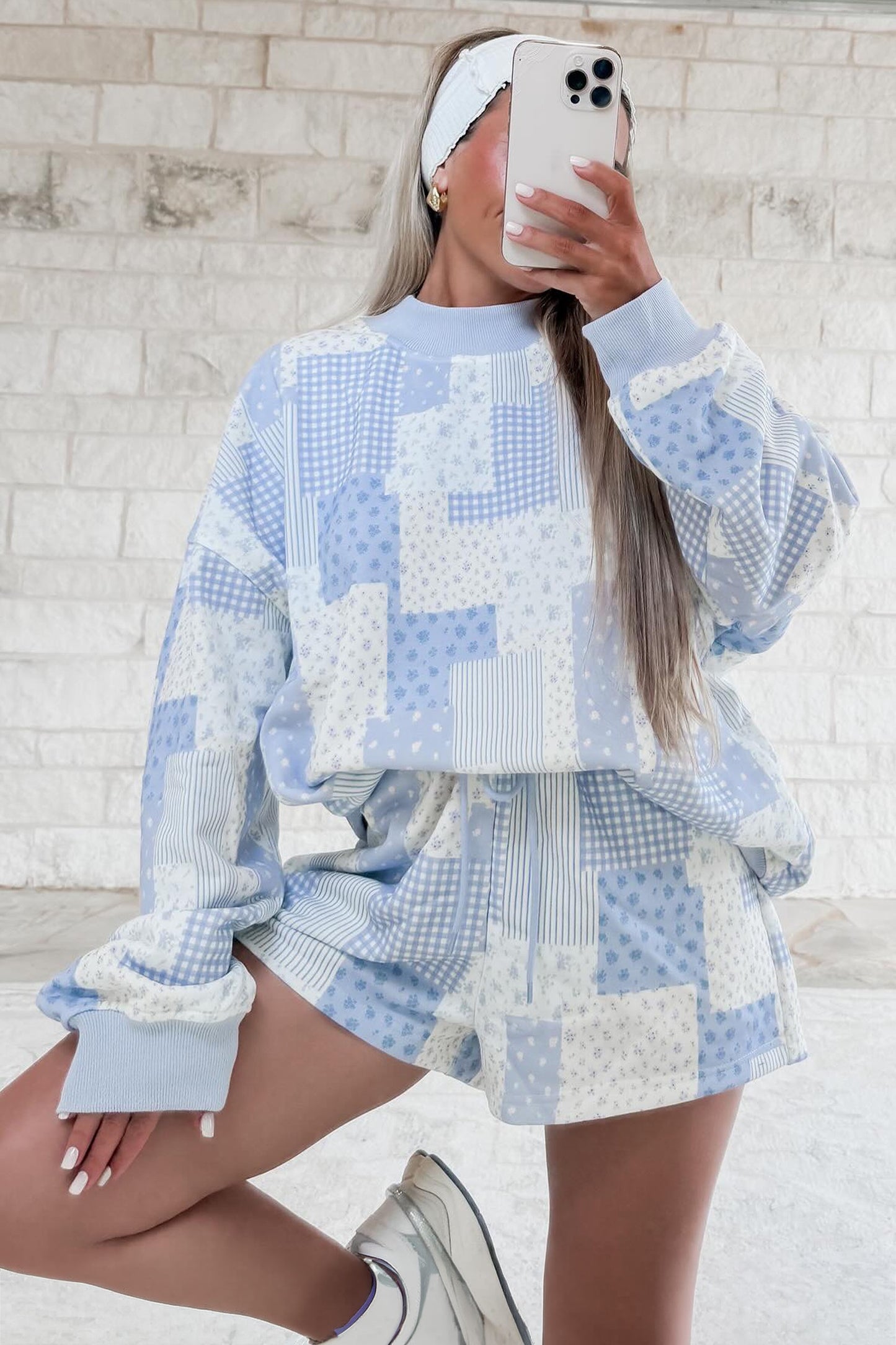 Sky Blue Patchwork Floral Print Drop Shoulder Baggy Pullover Drawstring Shorts Set