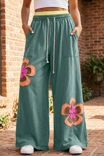 Sea Green color block flower patch wide leg pants