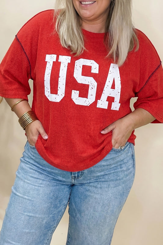 Red Plus ribbed vintage letter t-shirt