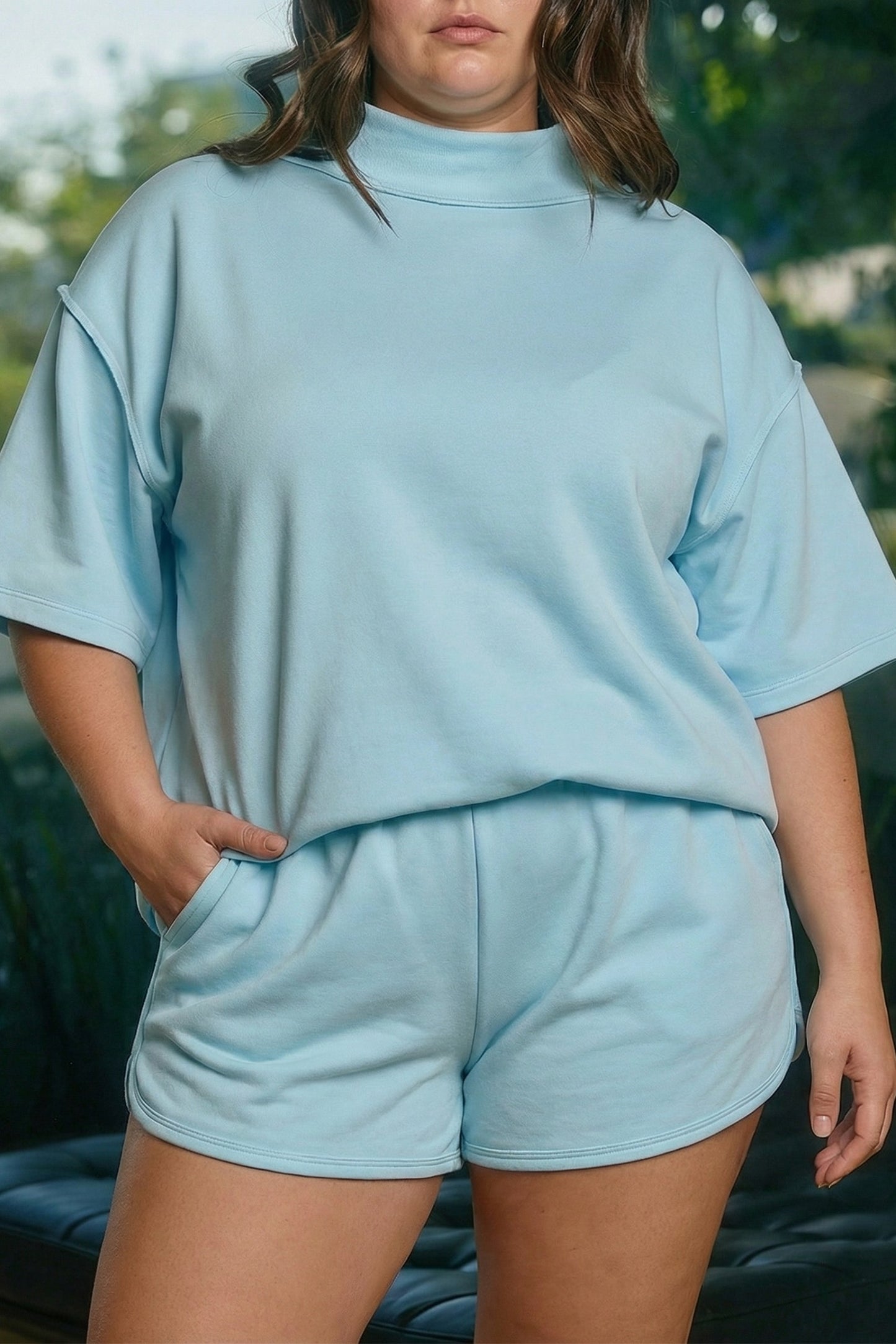 Mist blue solid color mock neck half sleeve set