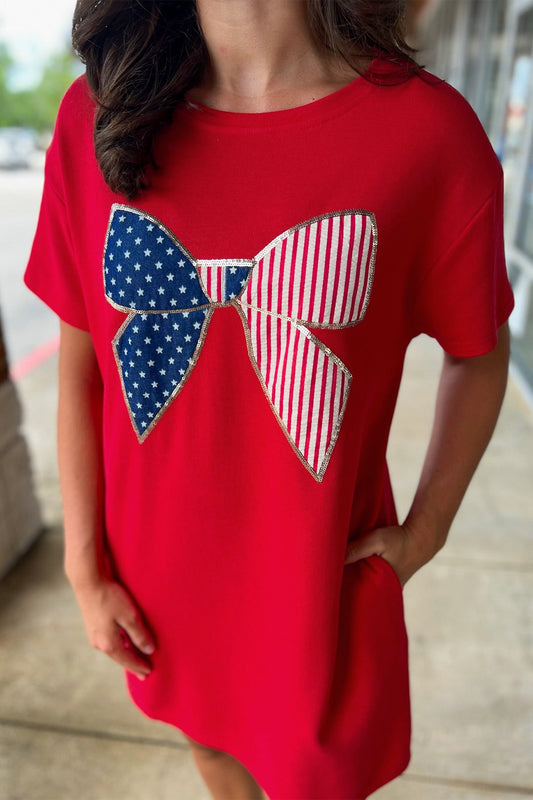 Red Sequin Trim Stars & Stripes bow patched tshirt dress
