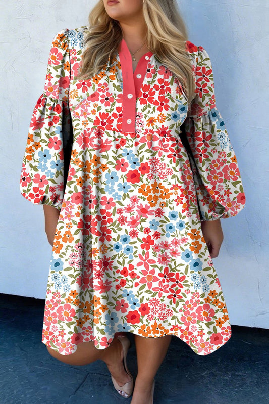 Pink Button VNeck Floral Dress