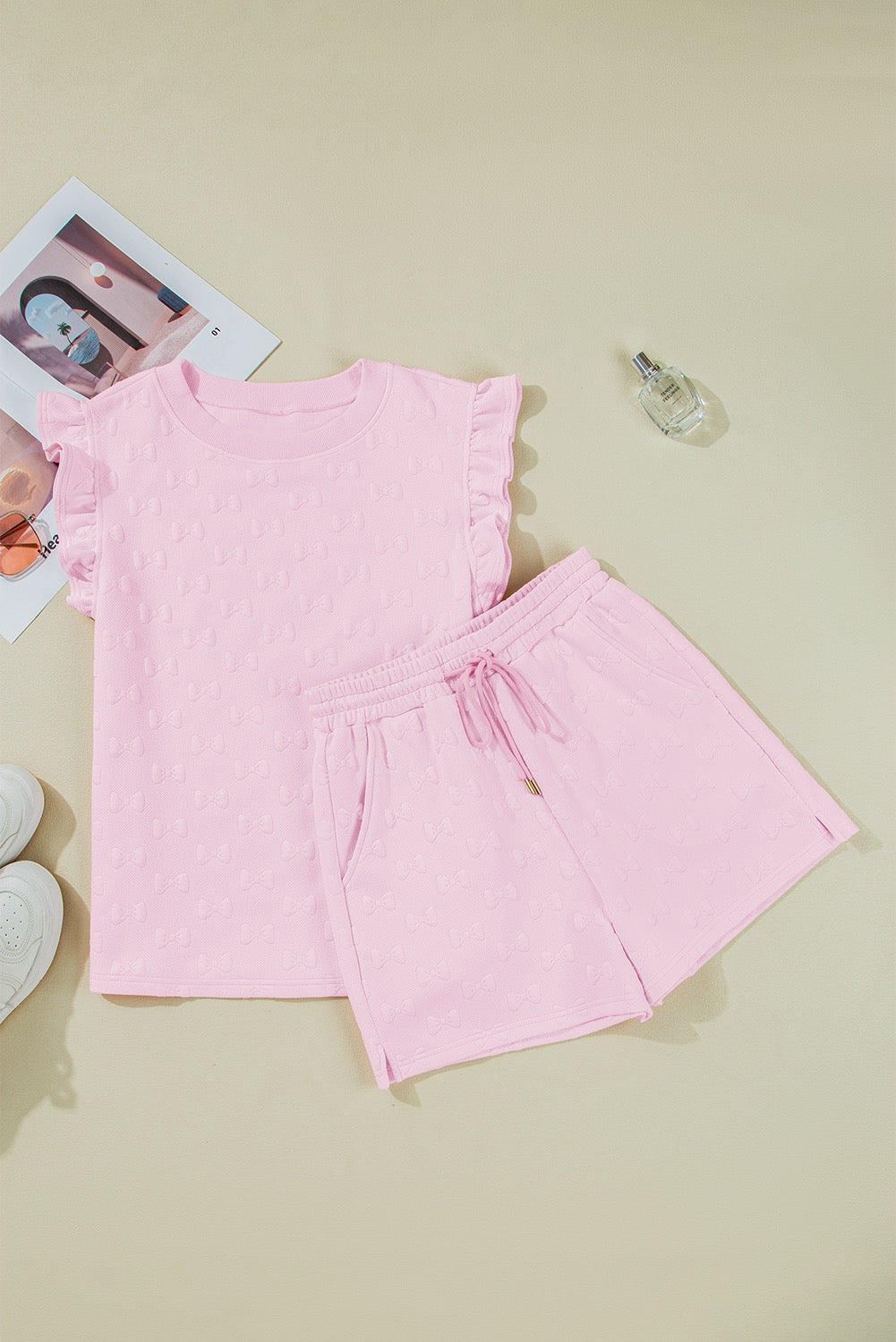 Bow jacquard 2 piece set pink