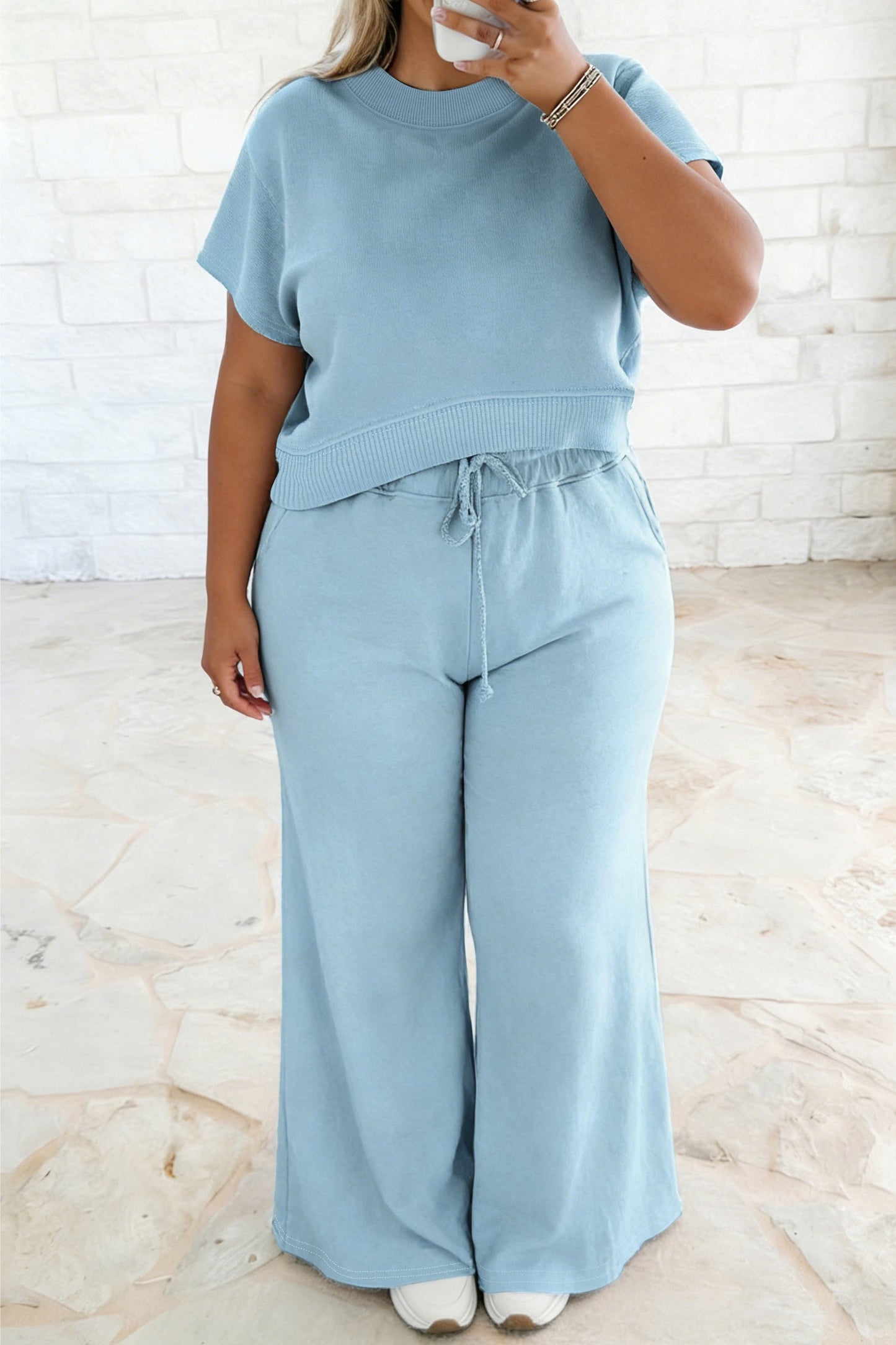 Mist Blue Solid Ribbed Trim loose pants set plus size
