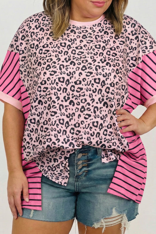 Pink Leopard Stripe Patchwork tee