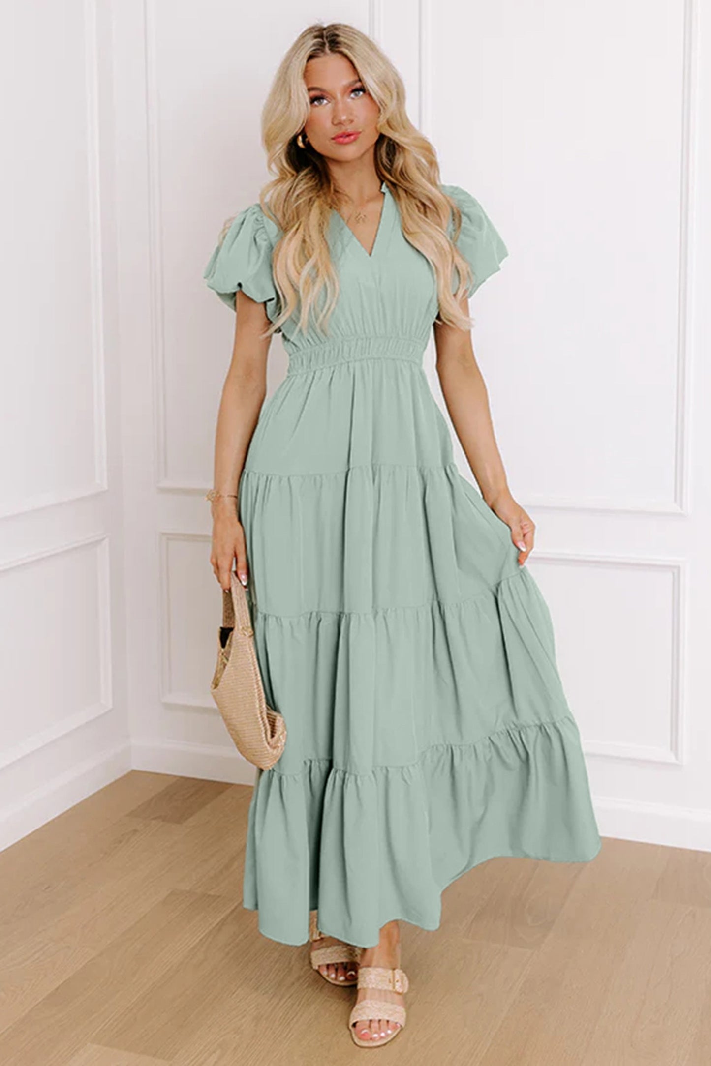 Aqua Solid color puff sleeve maxi