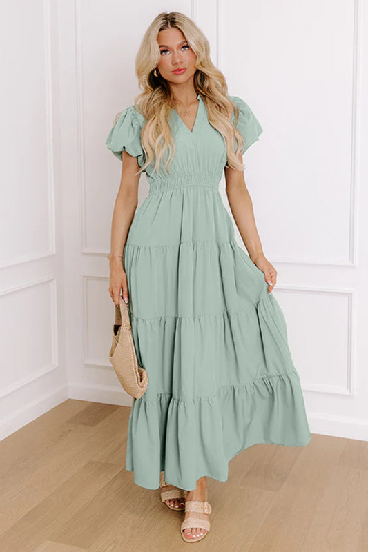 Aqua Solid color puff sleeve maxi