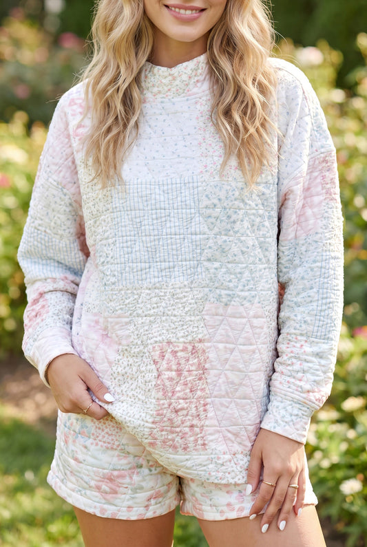 Multicolour Floral Quilted Long Sleeve Top Relaxed Short Set