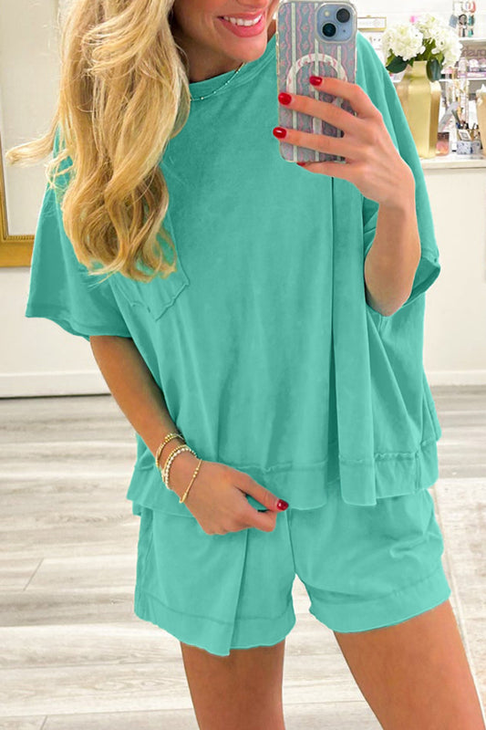 Raw Edge Patch Pocket Oversized Top and Shorts Set (please pay attention to color)