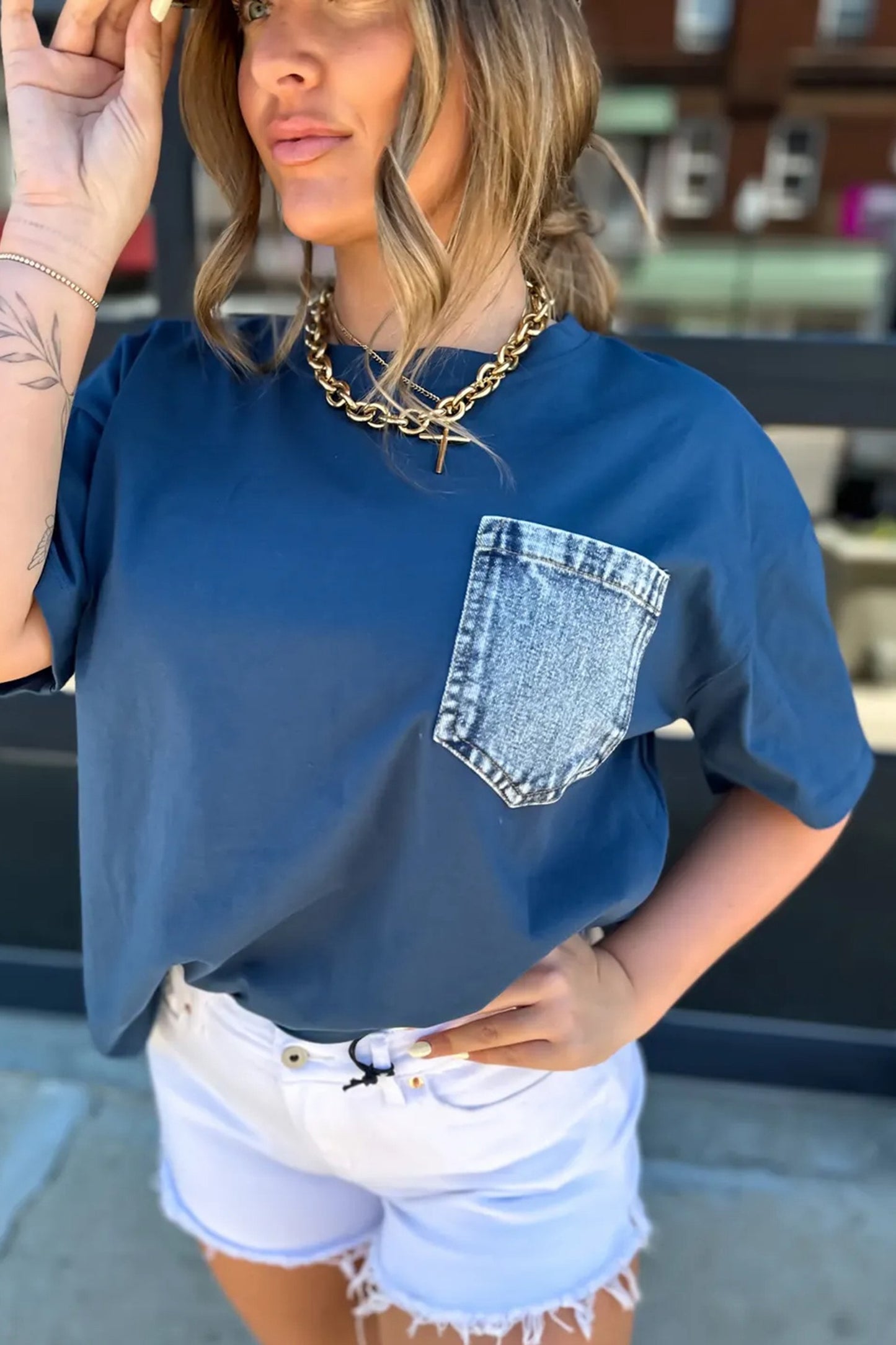 Blue denim pocket tee