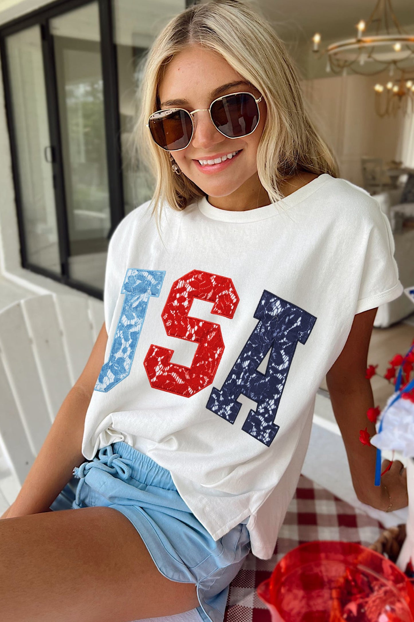 White USA color block letter tee