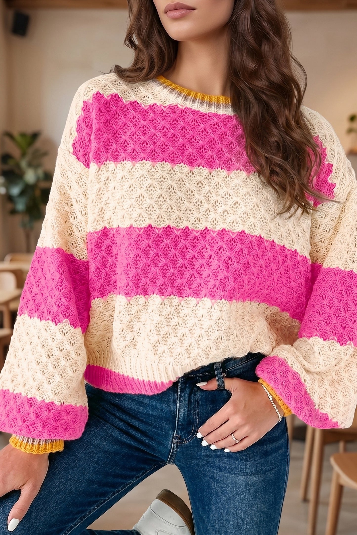 Pink Stripe Striped Colorblock Texture
Drop Shoulder Sweater