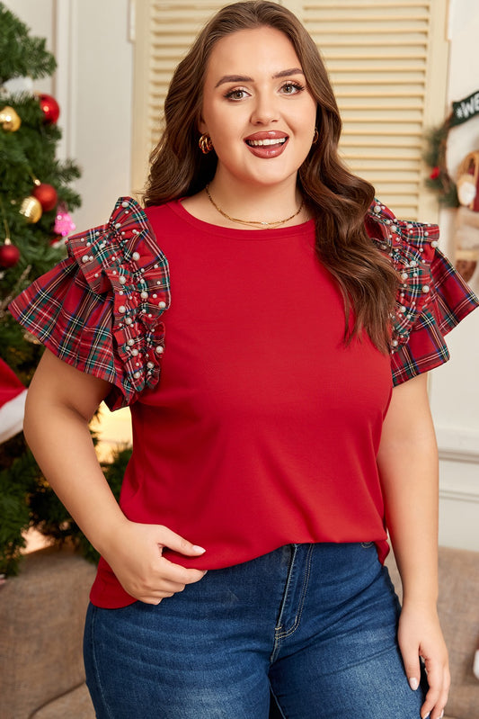 Racing Red Plaid Pearl Ruffled Short
Sleeve Knitted Christmas Holiday Plus Size T-shirt