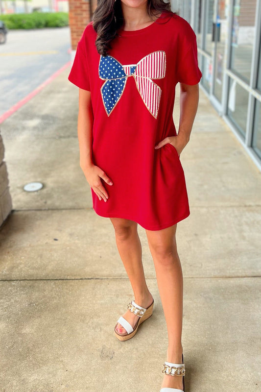 Red Sequin Trim Stars & Stripes bow patched tshirt dress