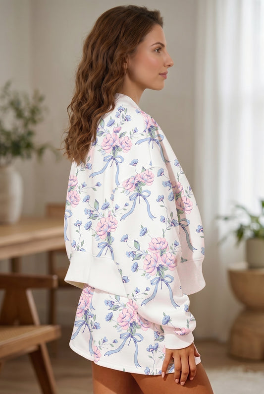 White Floral Print Long Sleeve Top Elastic Waist Skort Two Piece Dresses