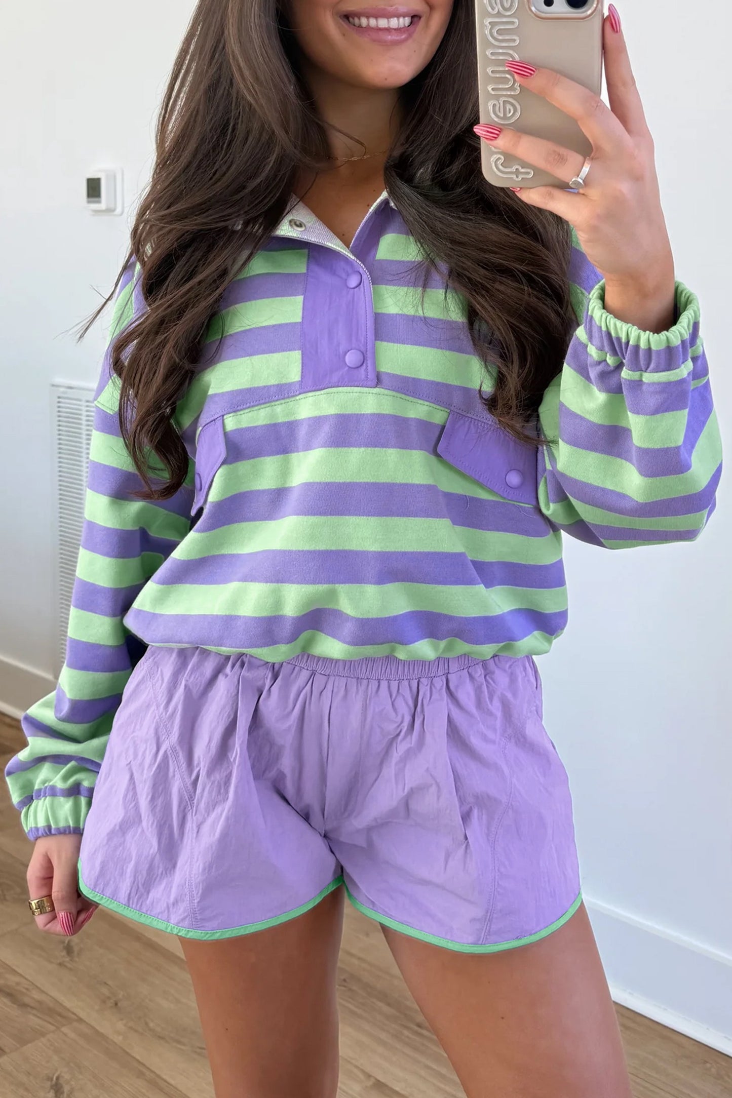 Purple Stripe Snap Button Long Sleeve
Henley Top Contrast Shorts Two Piece Set