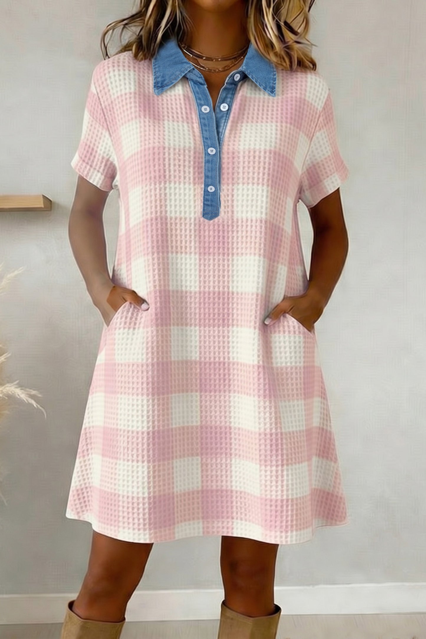 Pink Waffle Plaid Print Contrast Denim
Shirt Collar Buttoned T Shirt Mini Dress