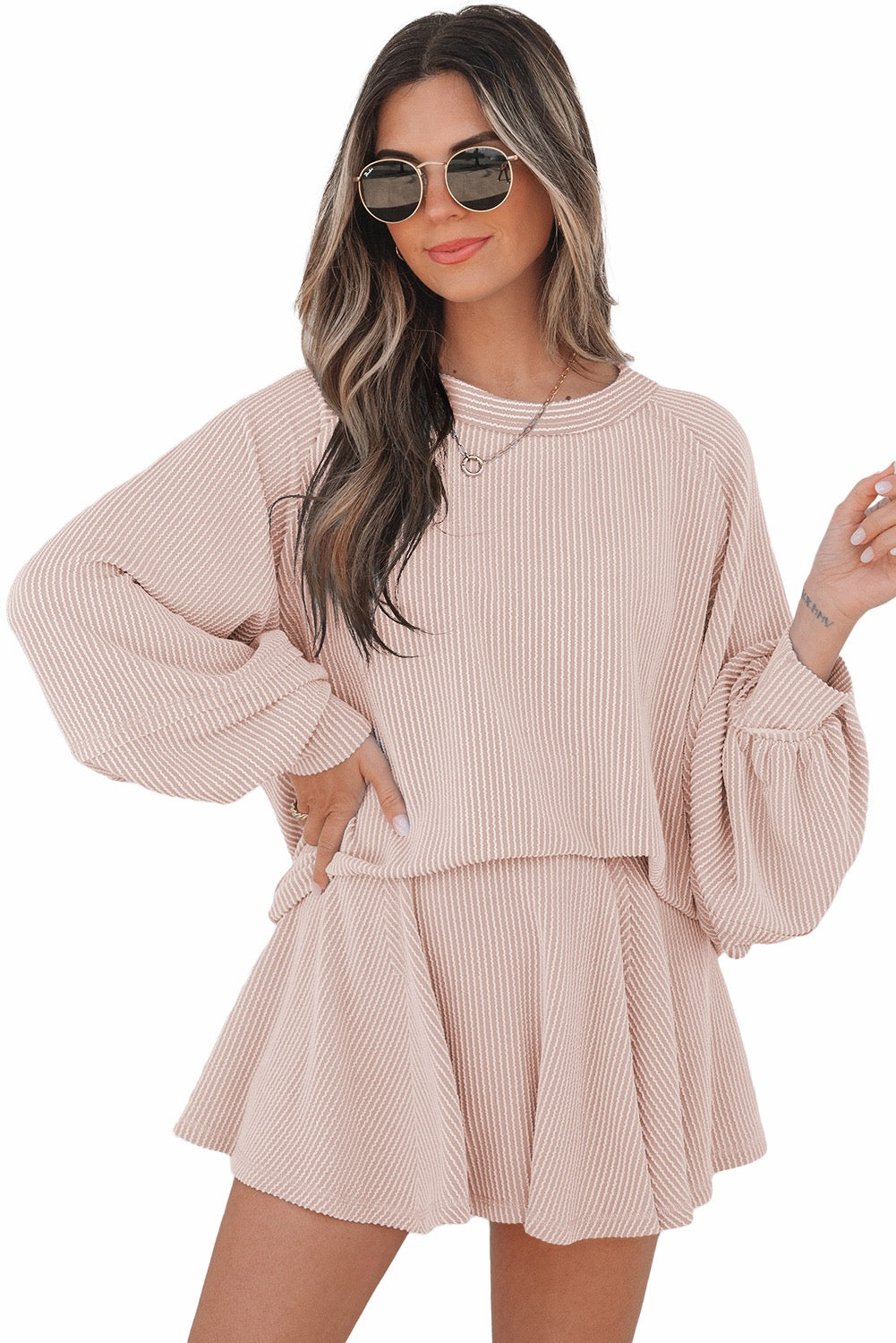 Jet Stream Corded Lantern Sleeve Top High waist skort set