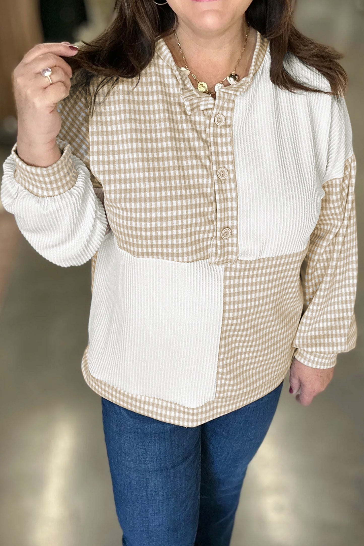 Khaki Patchwork Checkered Long Sleeve
Round Neck Plus Size Blouse