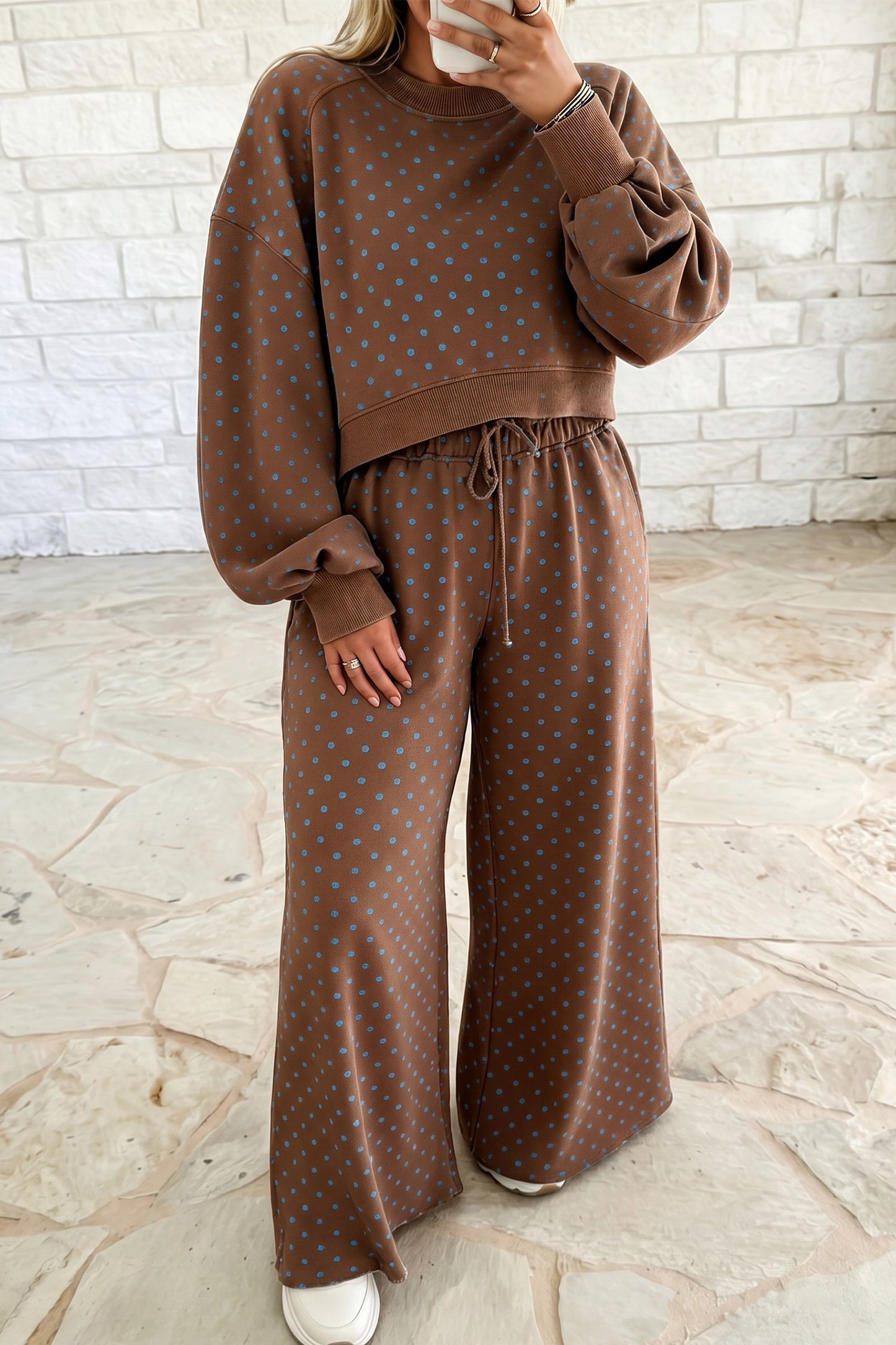 PREORDER Plus size Brown Polka Dot Round Neck Long Sleeve (September ETA)