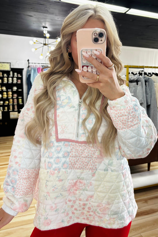 Multicolor Floral Quilted Metal
Zipper Collar Long Sleeve Sweatshirt