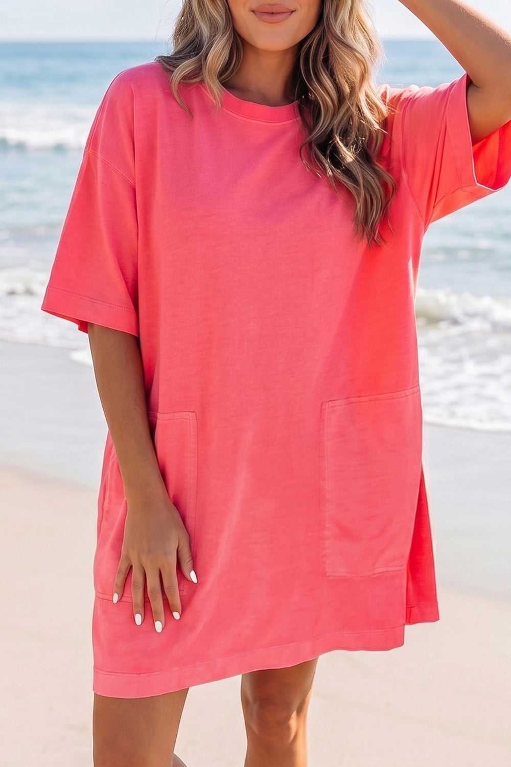 Coral Paradise Drop Shoulder Loose Casual T Shirt Mini Dress
